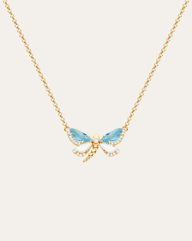 18K Rose Gold Petite Dragonfly Necklace with Topaz, Agate, and Diamonds